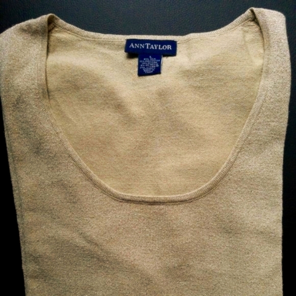 Ann Taylor Gold Metallic Silk Blend Scoop Neck Pullover Sweater Large
